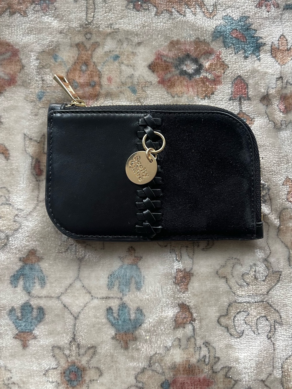 See By Chloé Tilda Black Leather Zip Card Holder with Gold Charm